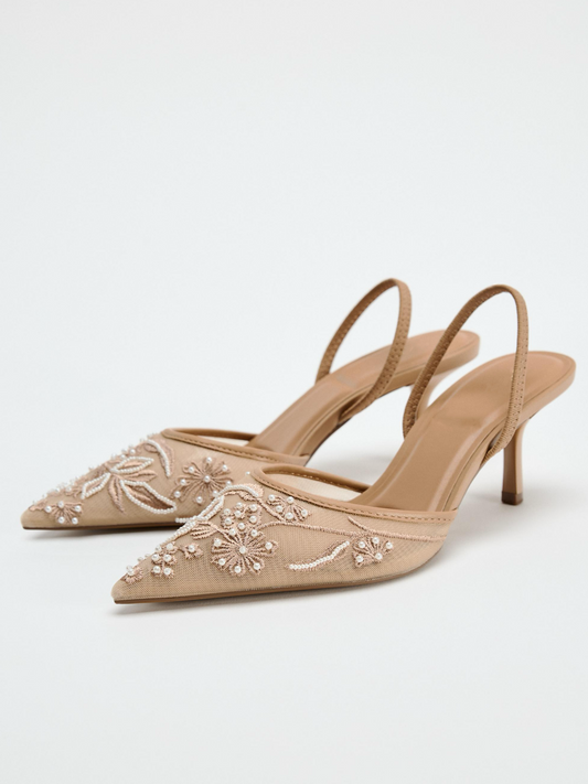 Brown Mesh Pointed-Toe Pearl And Flower Embroidery Slingback Kitten Heels
