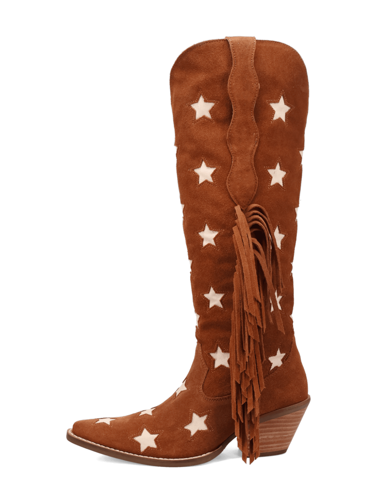 Fringe Faux Suede Snip-Toe Stars Inlay Wide Calf Knee High Cowgirl Boots - Camel