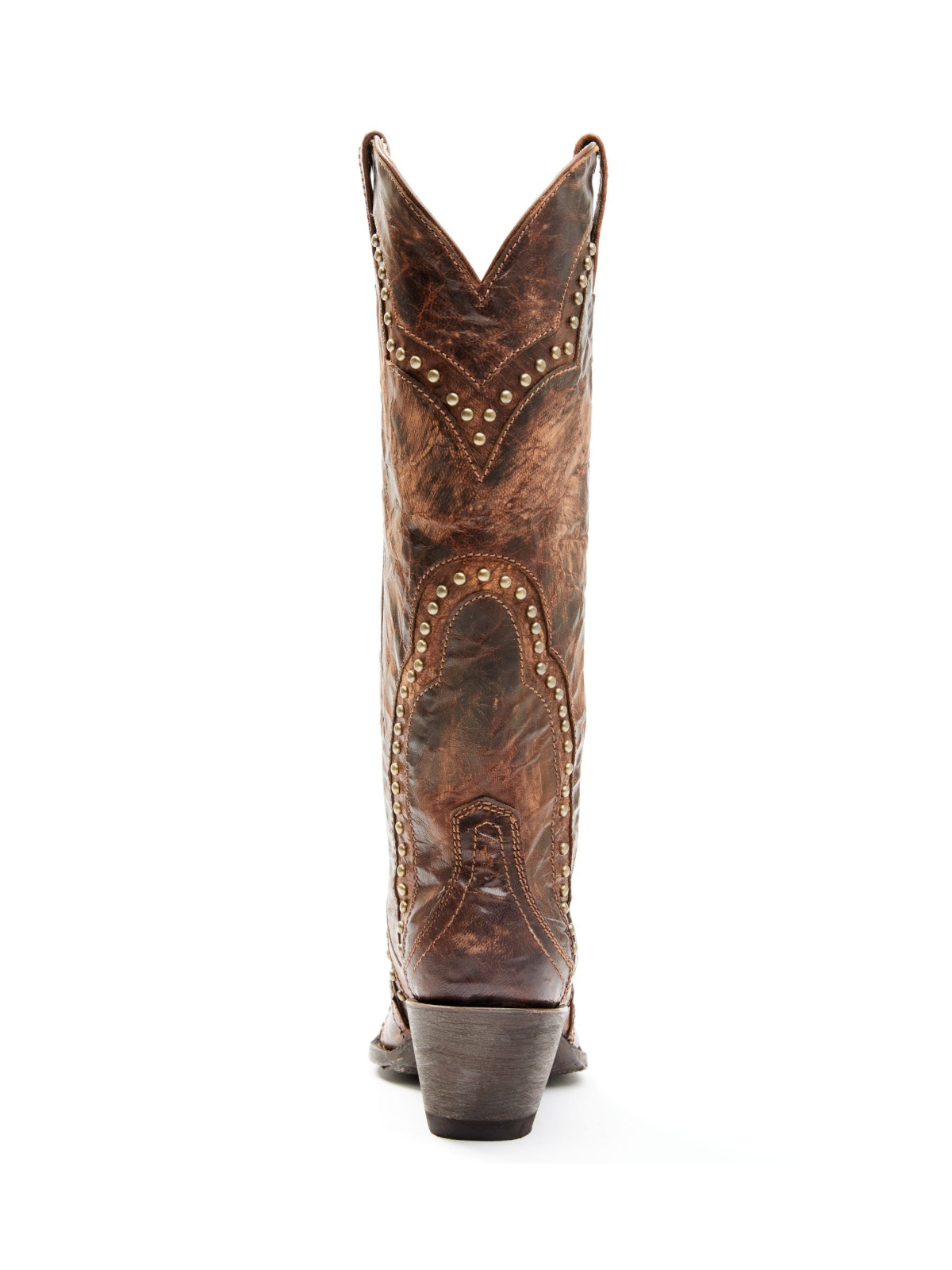 Brown Distressed Stitch Studded Snip-Toe Wide Mid Calf Cowgirl Tall Boots