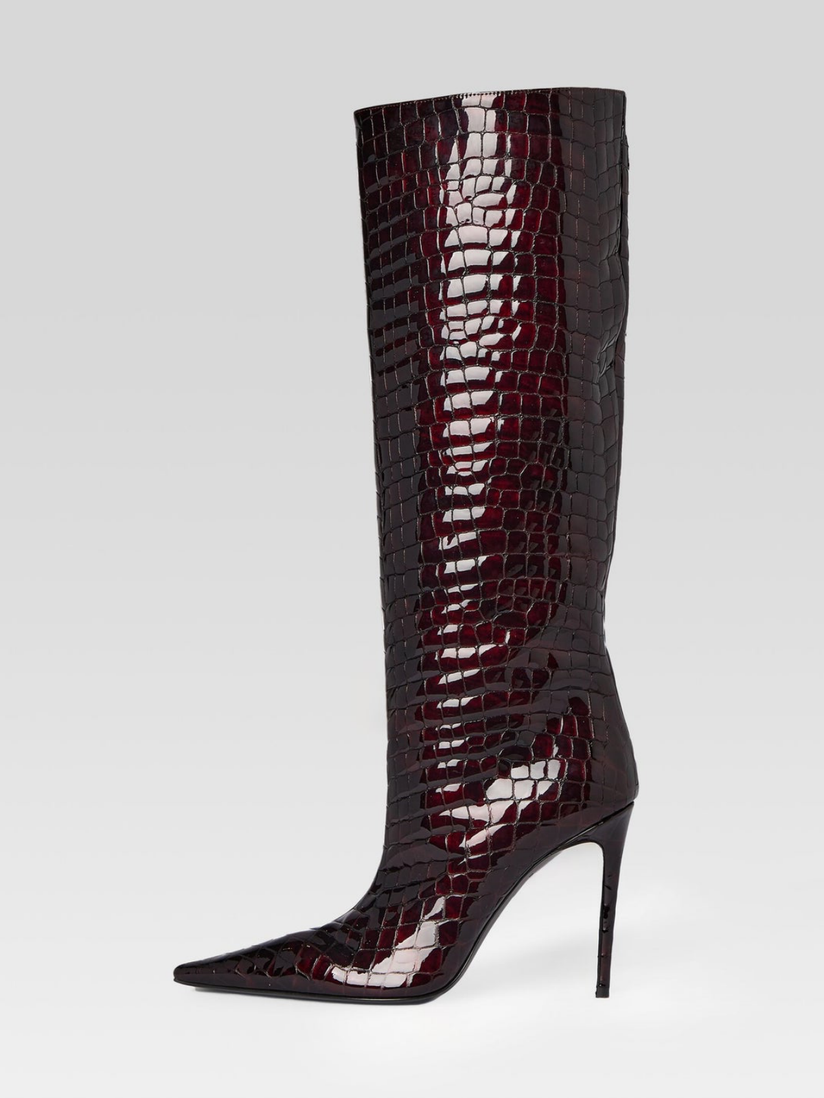 Patent Burgundy Crocodile Print Wide Calf Tall Knee High Boots