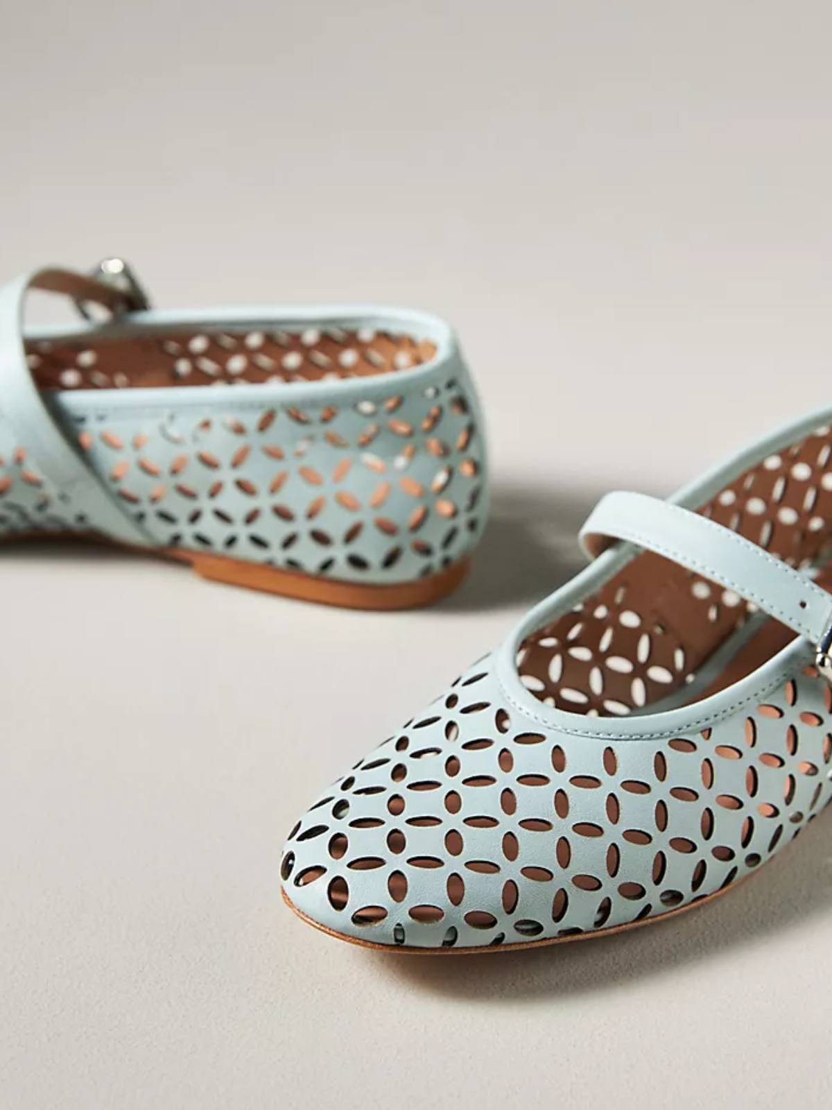 Light Blue Flats Mary Janes With Floral Cutout And Buckled Strap