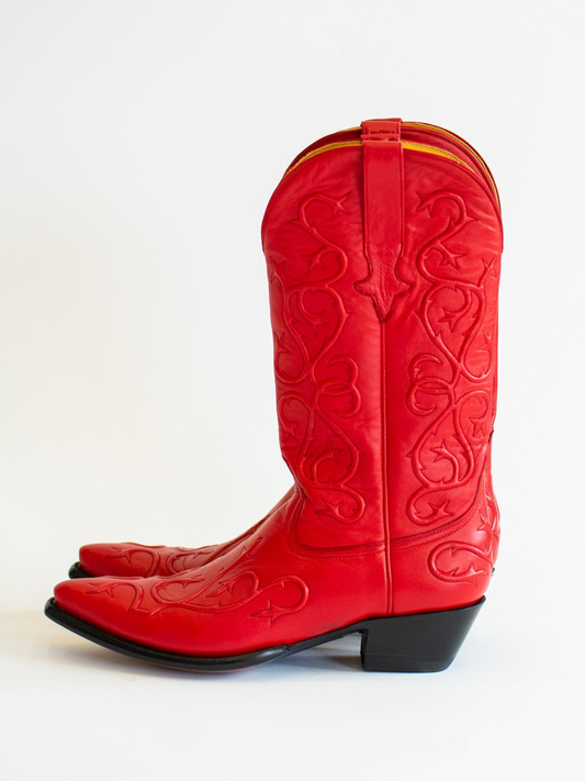 Red Snip-Toe Padded Embroidery Wide Mid Calf Tall Cowgirl Boots