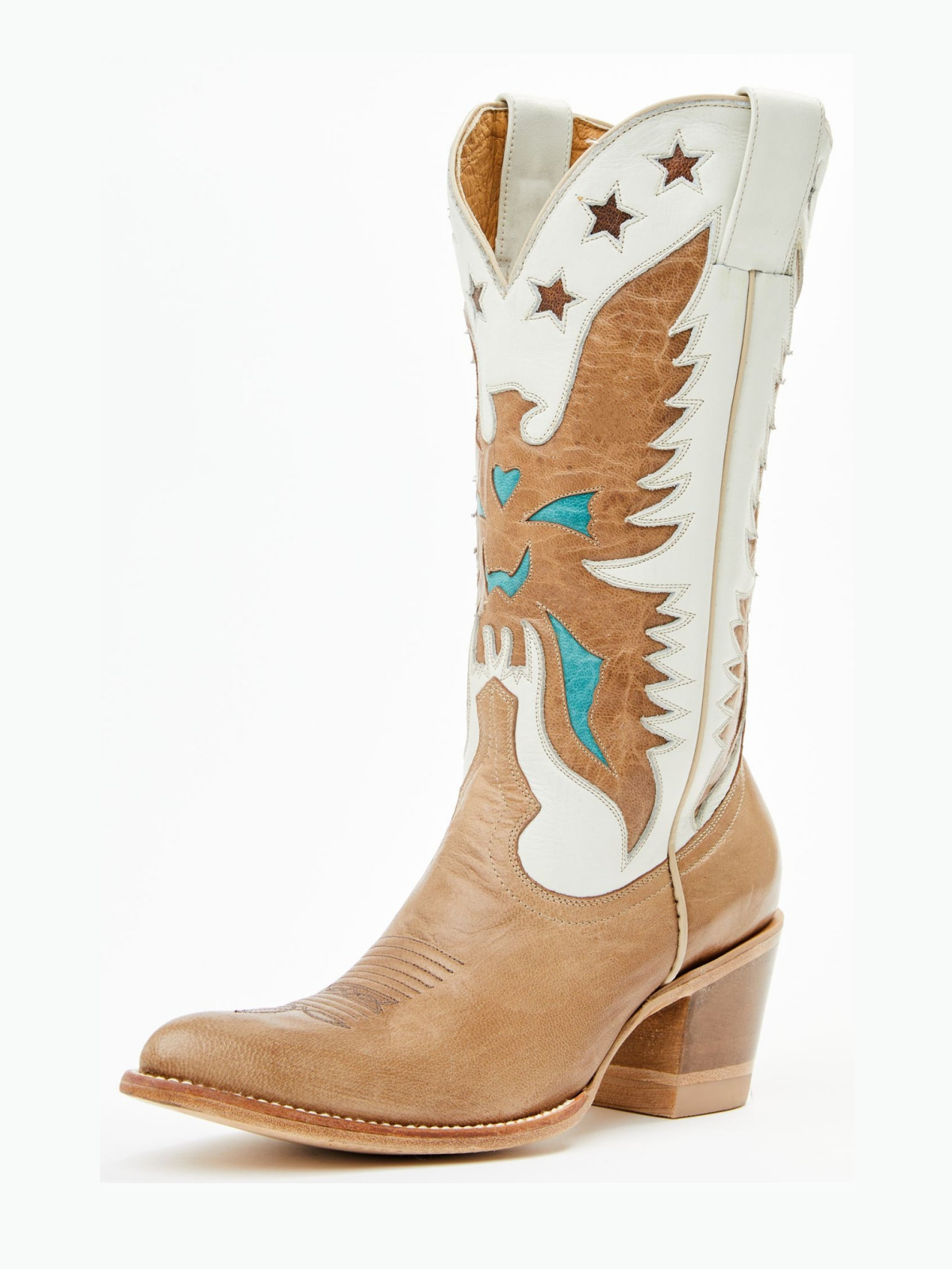 Contrast Tan And Ivory Pointed-Toe Eagle Star Inlay Wide Mid Calf Tall Cowgirl Boots