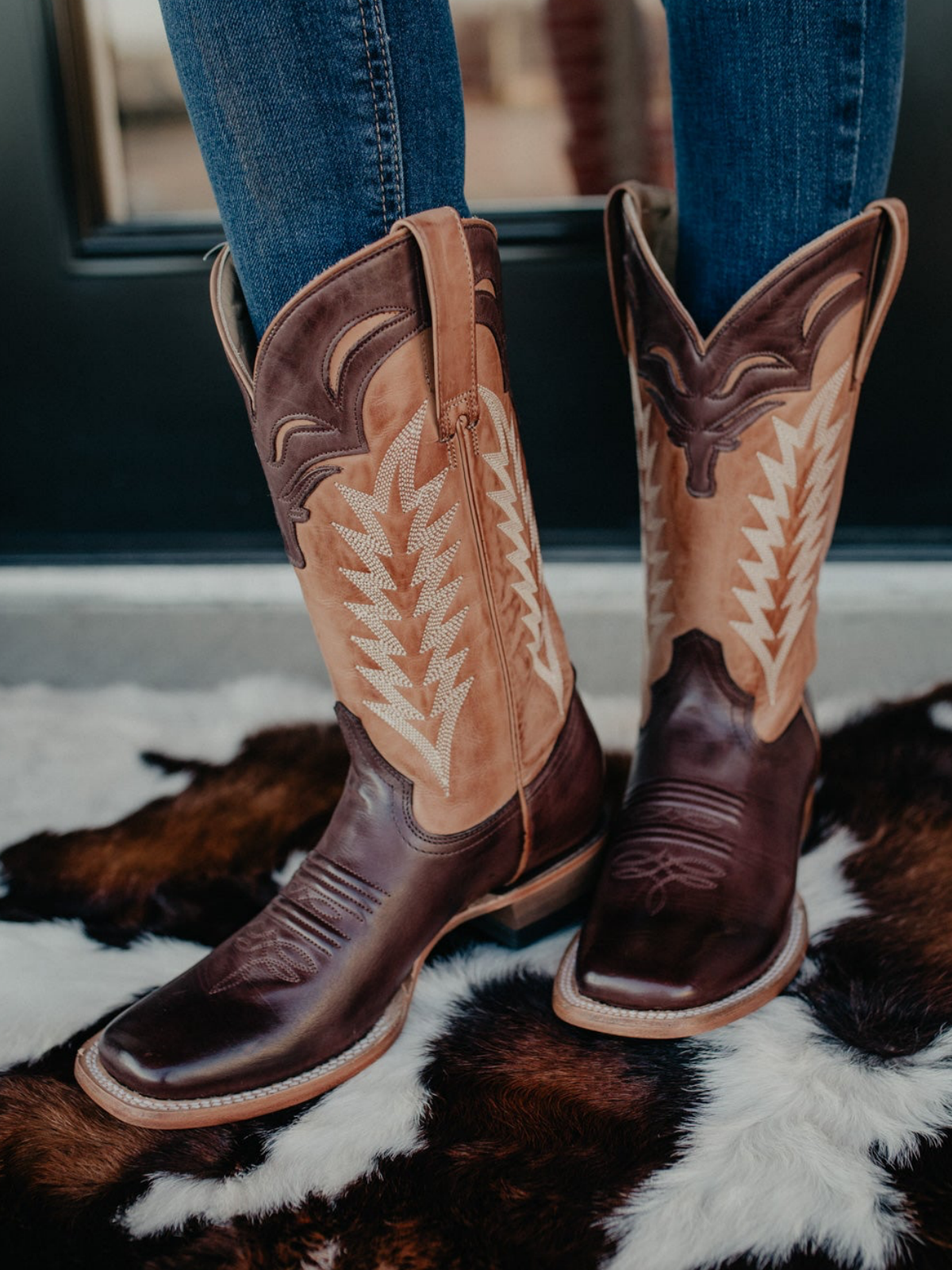 Contrast Tri-Color Square-Toe Embroidery Wide Mid Calf Cowgirl Boots