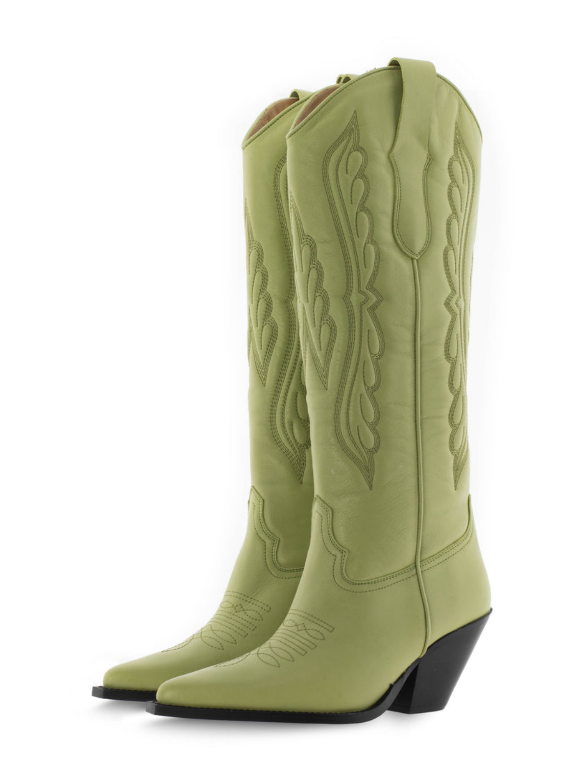 Wing Embroidery Pointed-Toe Wide Calf Tall Knee High Cowgirl Boots - Green