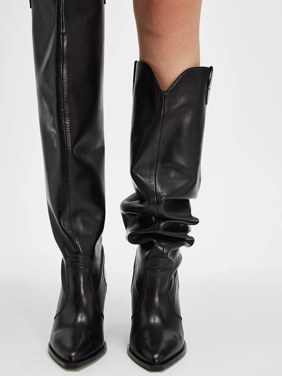 Black Pointed-Toe Slouchy Wide Calf Tall Knee High Western Boots