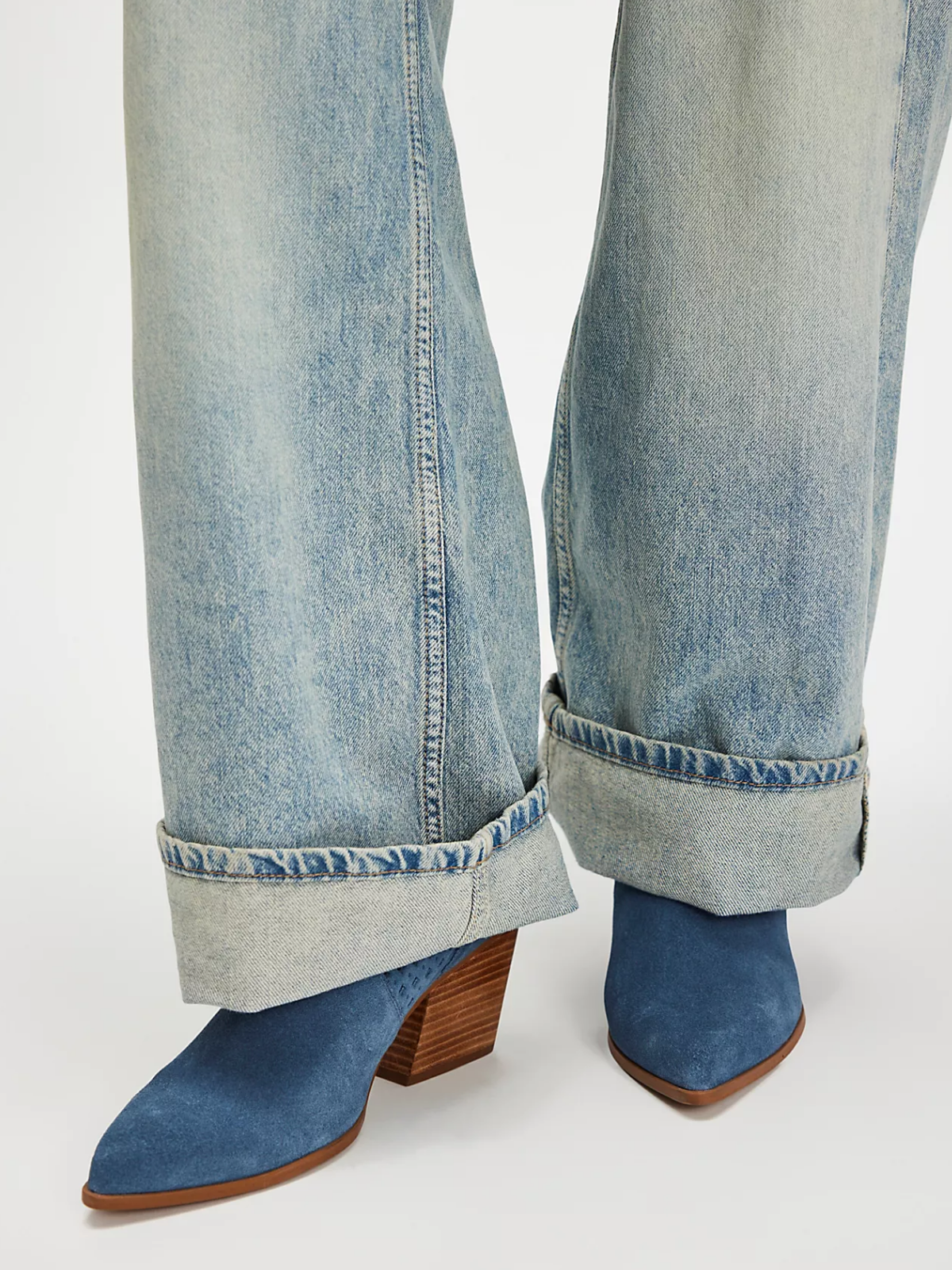 Blue Faux Suede Pointed-Toe Slouchy Perforated Wide Mid Calf Cowgirl Boots