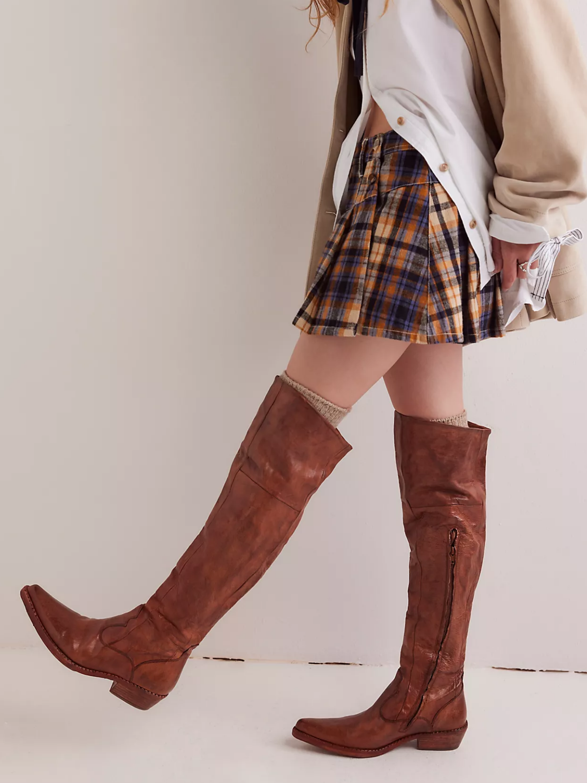 Cognac Pointed-Toe Stitch Half-Zip Over-The-Knee Tall Cowgirl Boots