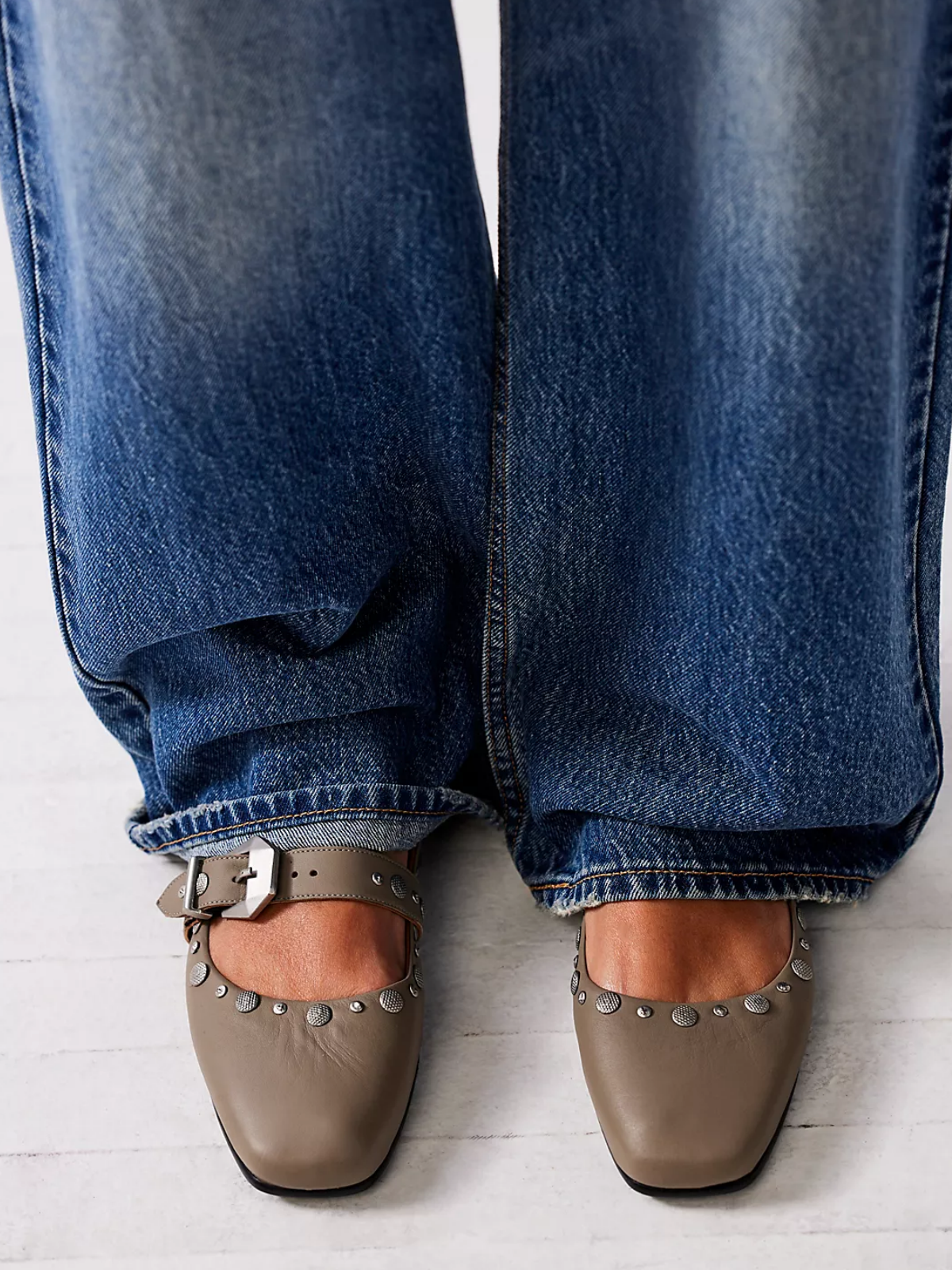 Brown Suede Square-Toe Studded Mary Janes Double-Strap Flats