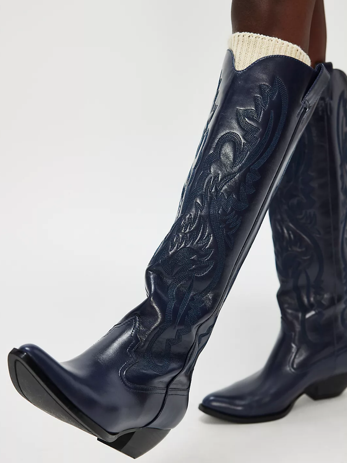 Navy Blue Embroidery Pointed-Toe Tall Wide Mid Calf Western Boots For Women