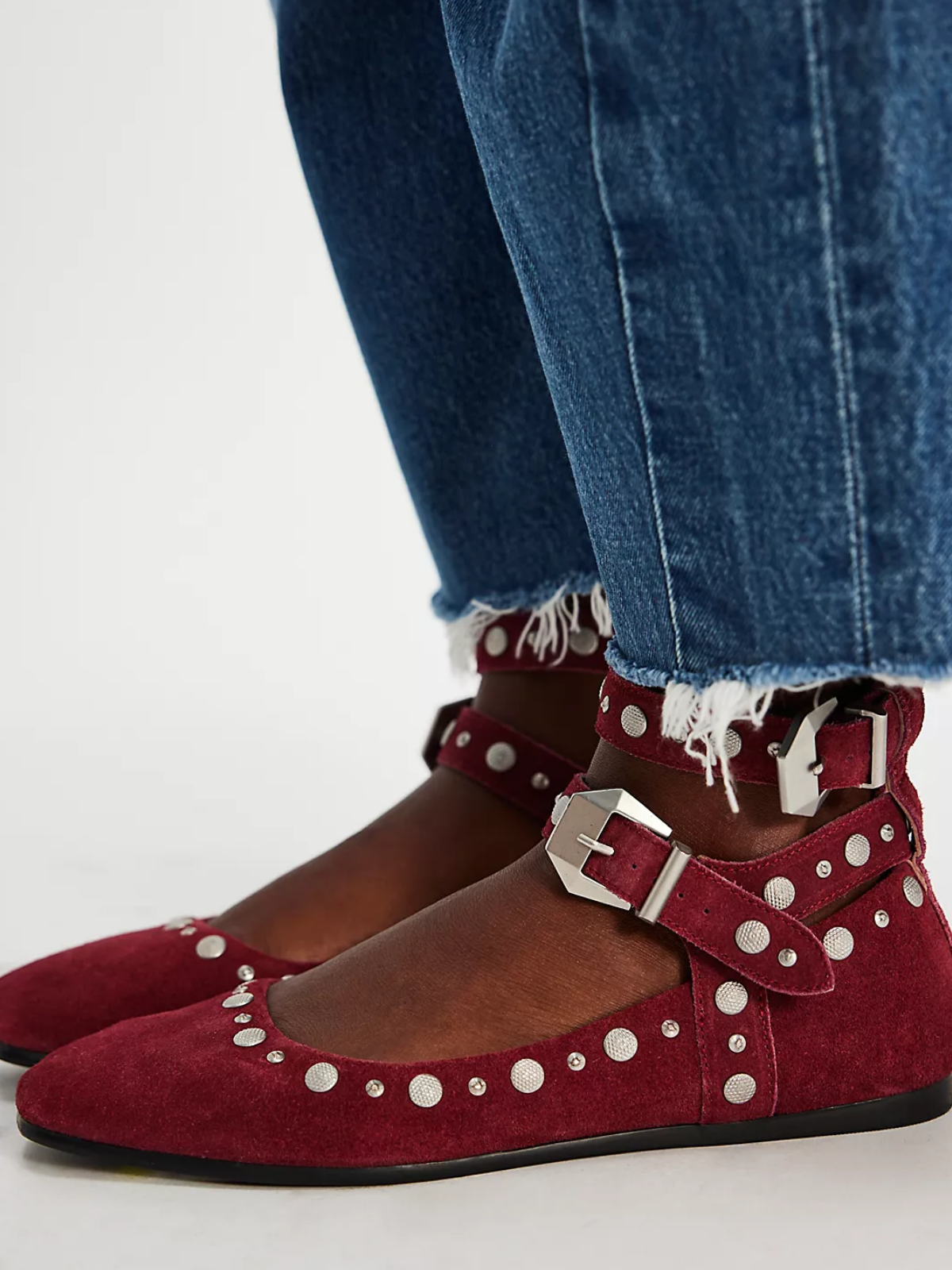 Burgundy Faux Suede Square-Toe Studded Mary Janes Double-Strap Flats