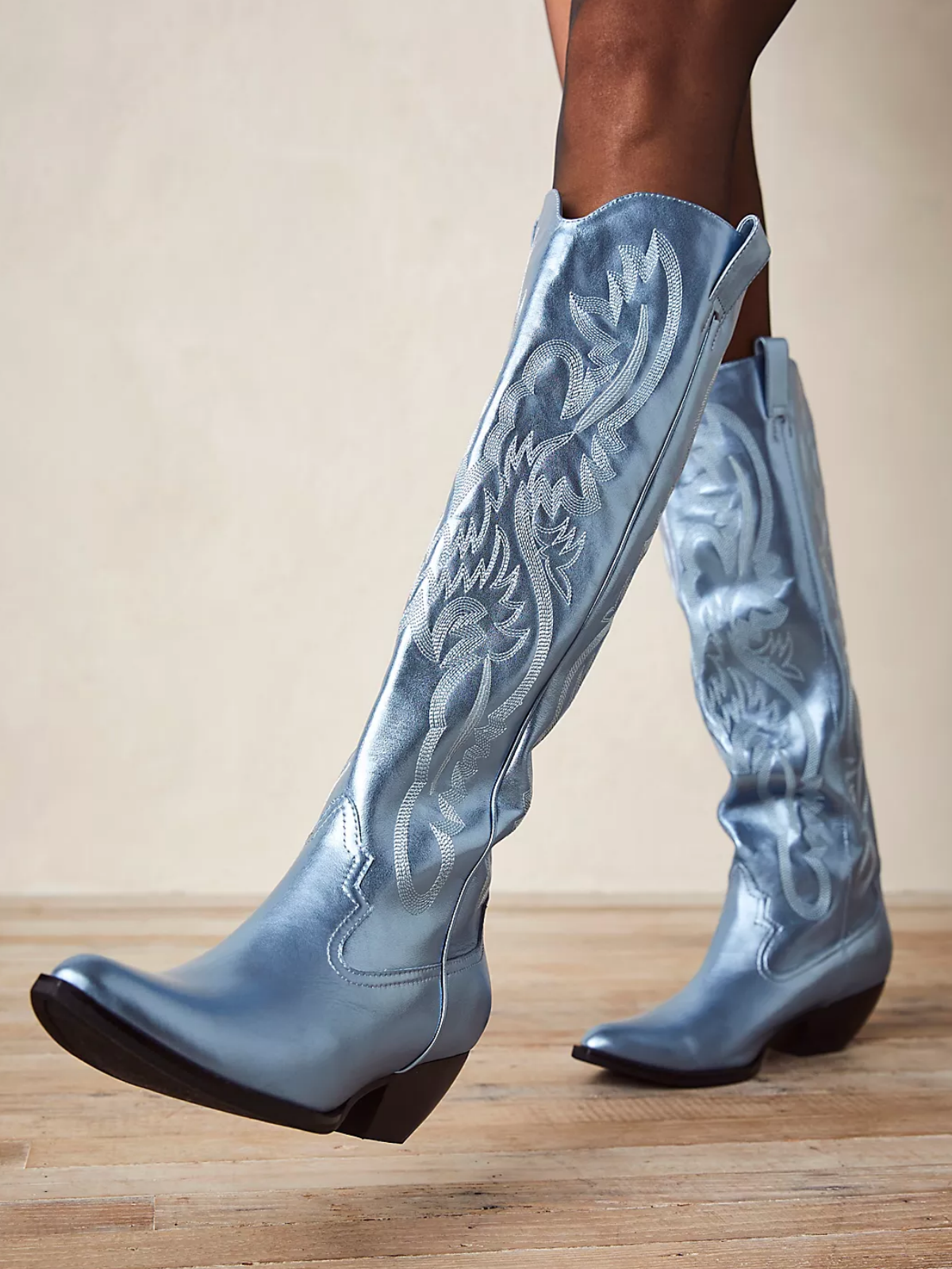 Metallic Blue Embroidery Pointed-Toe Tall Wide Mid Calf Western Boots For Women