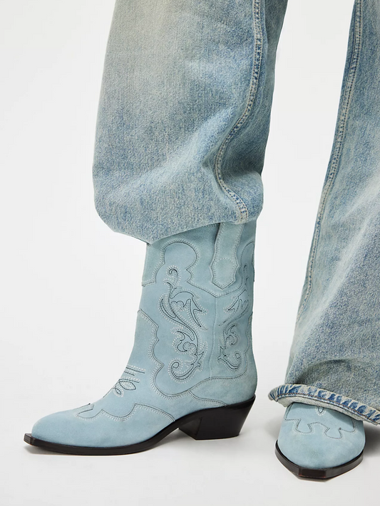 Powder Blue Faux Suede Almond-Toe Embroidery Wide Mid Calf Cowgirl Boots