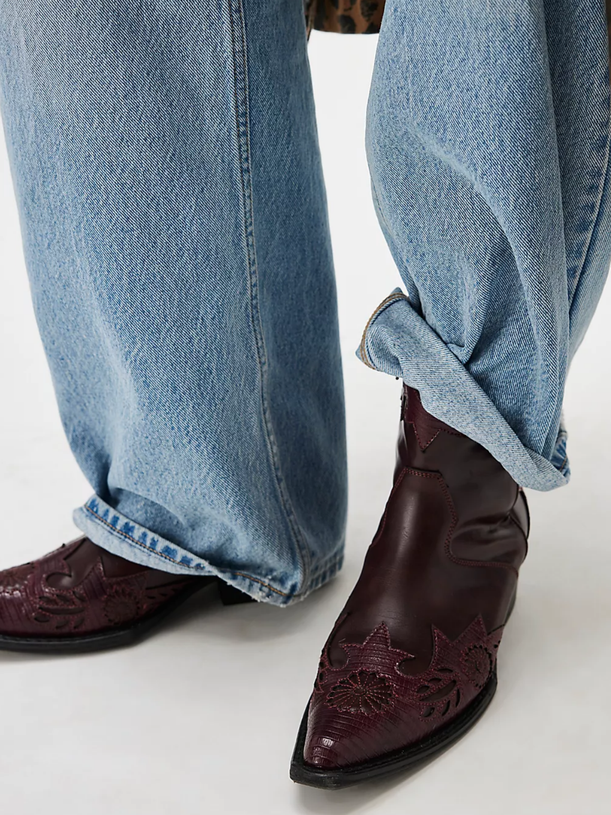 Wine Red Floral Applique Snip-Toe Wide Mid Calf Cowgirl Boots