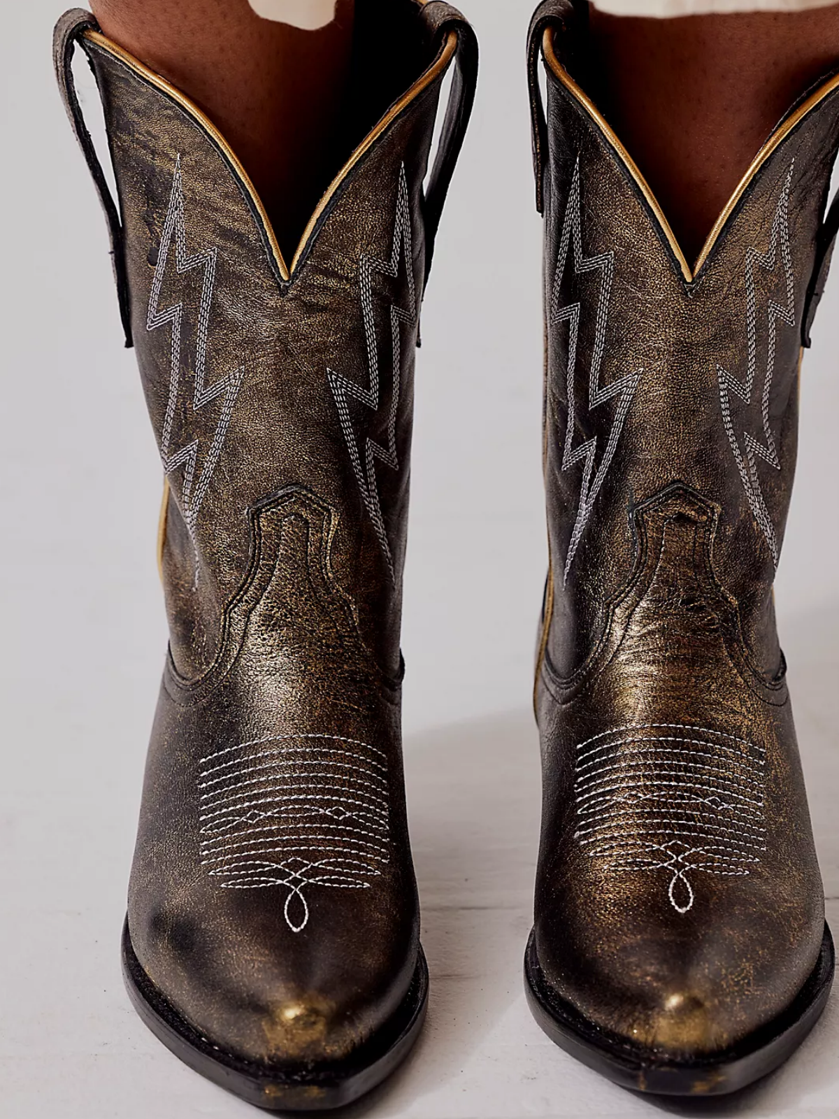 Metallic Distressed Bronze Lightning Embroidery Snip-Toe Wide Mid Calf Cowgirl Boots