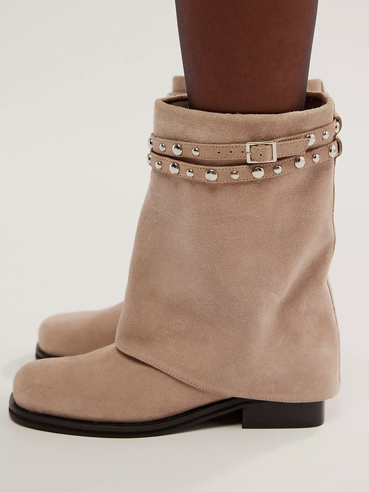 Greige Round Square-Toe Fold-Over Wide Mid Calf Cowgirl Boots With Studded Straps