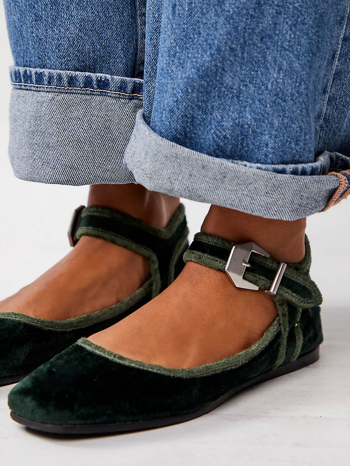 Dark Green Velvet Square-Toe Ankle Strap Mary Janes Flats