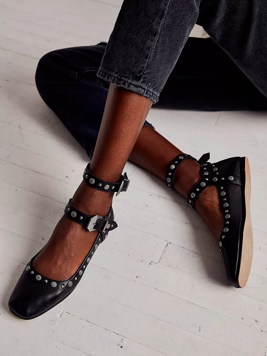 Black Square-Toe Studded Mary Janes Double-Strap Flats – Fuchsia Boots