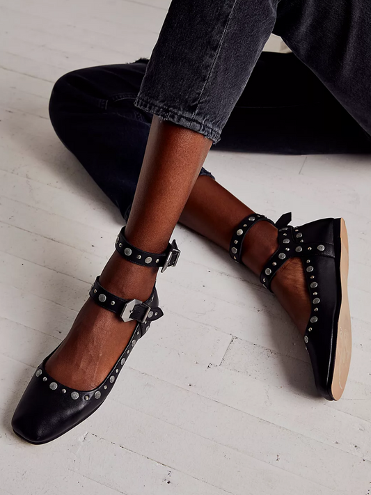 Black Square-Toe Studded Mary Janes Double-Strap Flats