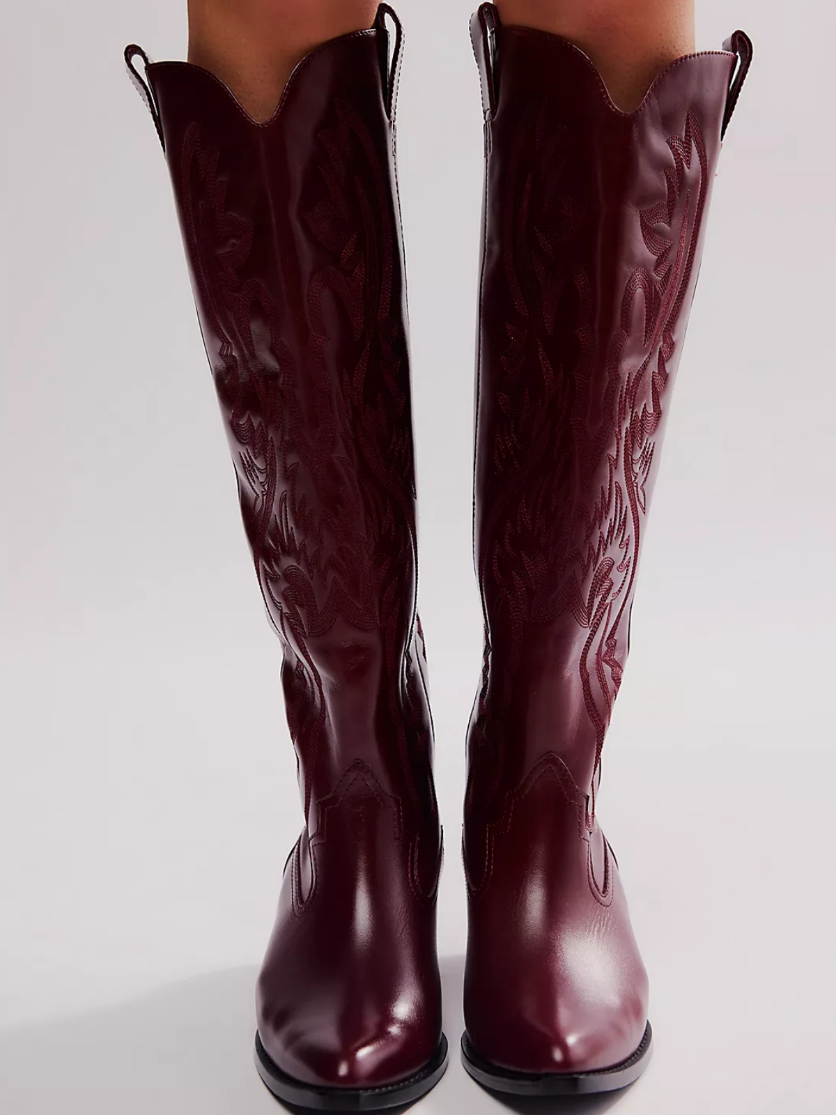 Dark Red Embroidery Pointed-Toe Tall Wide Mid Calf Western Boots For Women