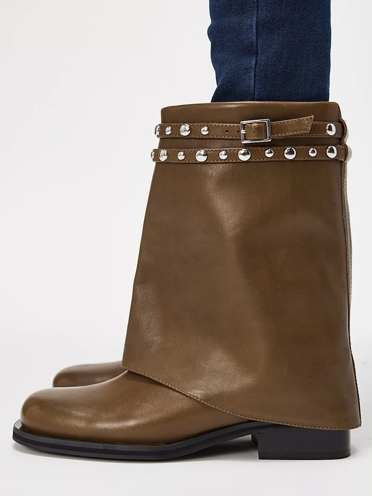 Olive Green Faux Suede Round Square-Toe Fold-Over Wide Mid Calf Cowgirl Boots With Studded Straps