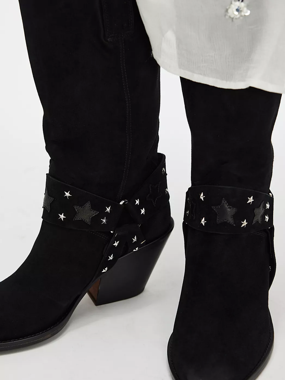 Black Faux Suede Snip-Toe Wide Mid Calf Cowgirl Boots With Star-And-Stud-Adorned Straps