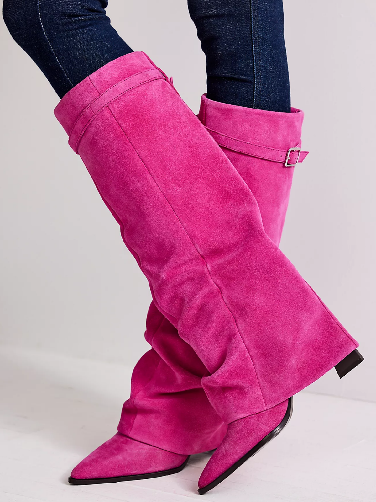 Faux Suede Pointed-Toe Buckle Fold-Over Mid Calf Boots - Fuchsia