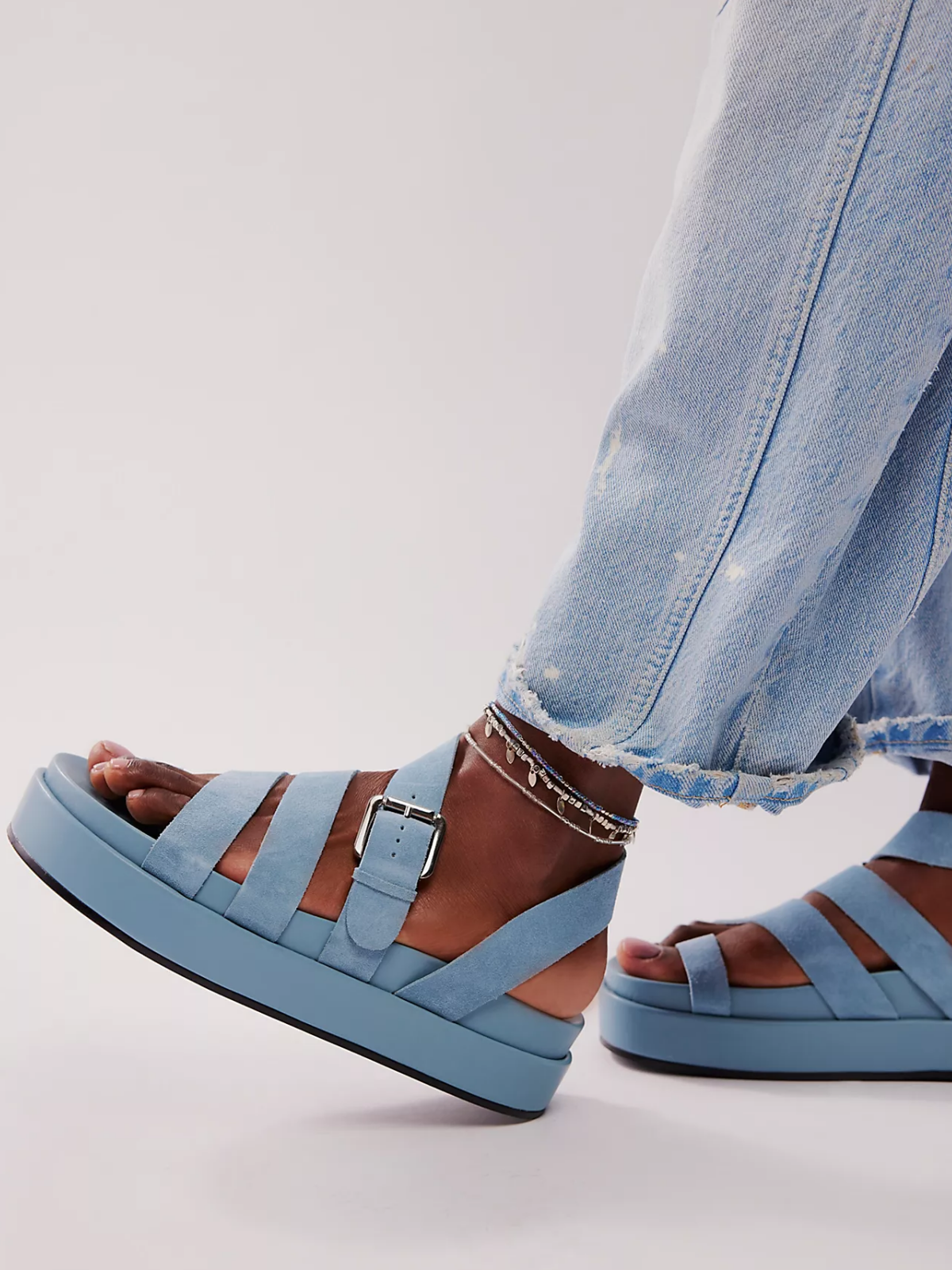 Light Blue Faux Suede Loop-Toe Adjustable Buckle Strappy Sandals