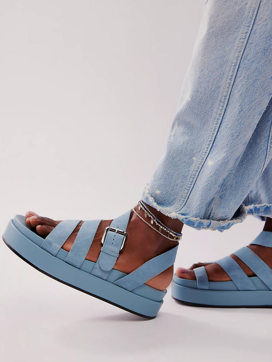 Light Blue Faux Suede Loop-Toe Adjustable Buckle Strappy Sandals