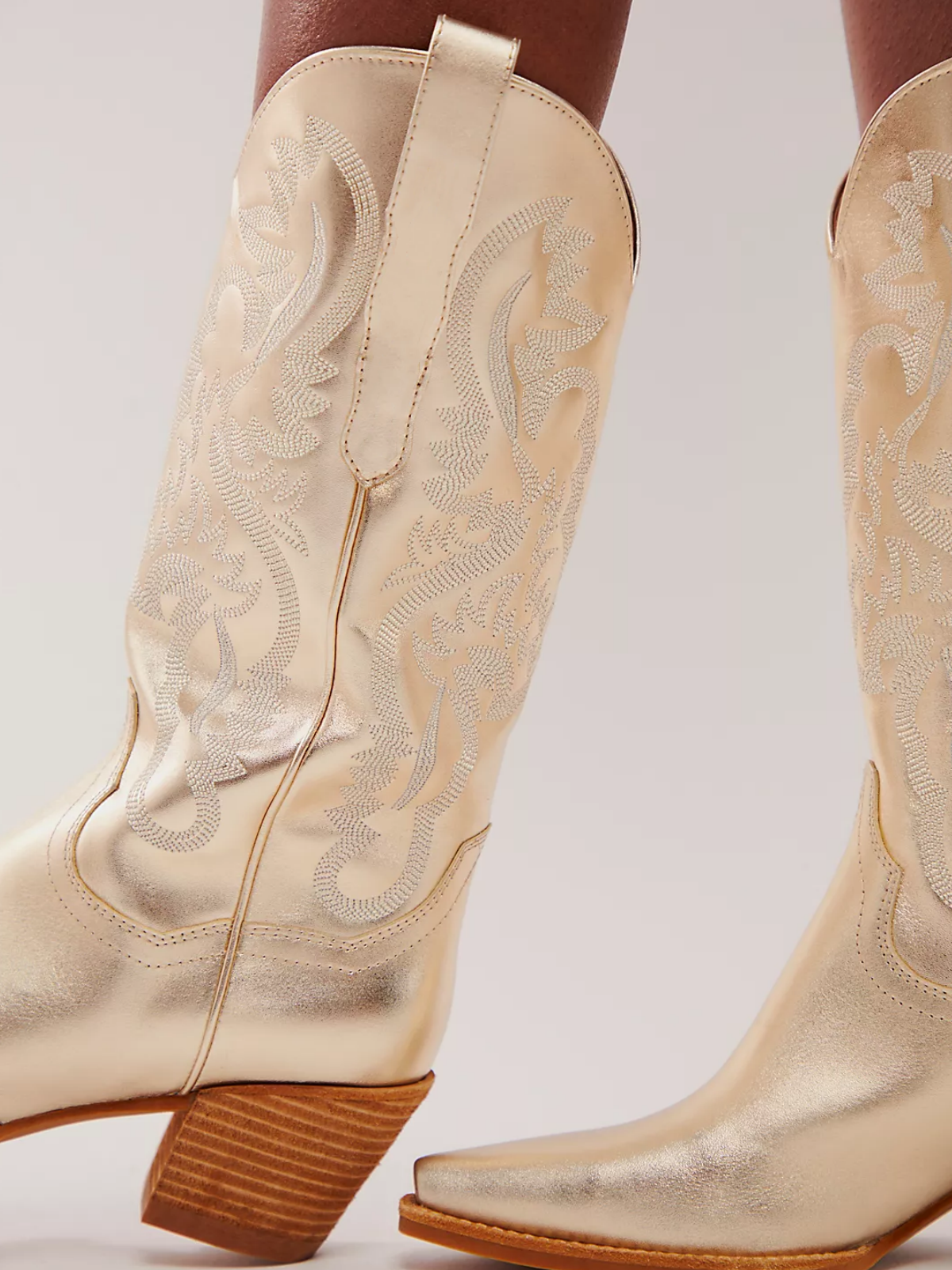 Metallic Gold Snip-Toe Western Embroidery Wide Mid Calf Tall Cowgirl Boots