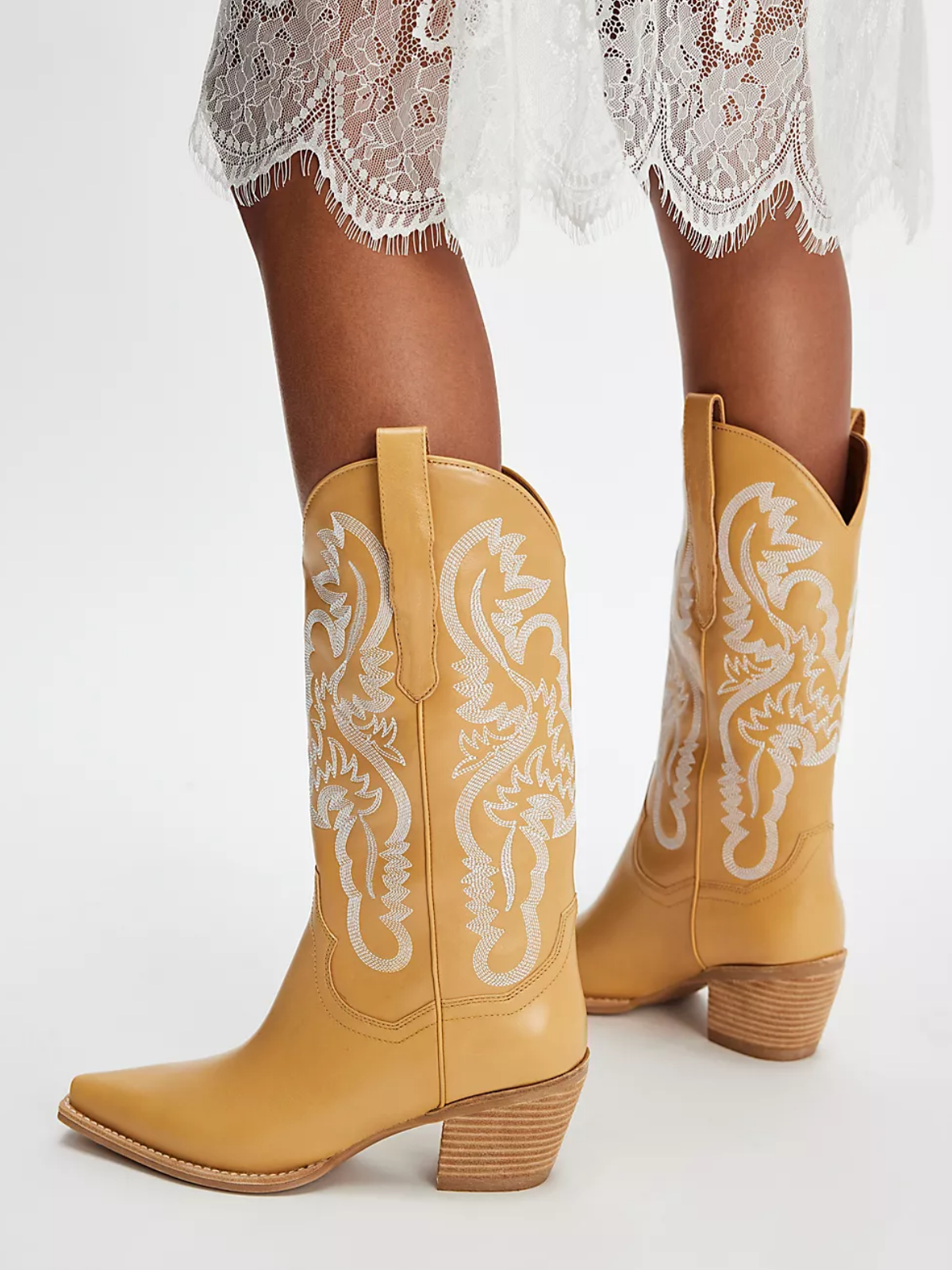 Yellow Snip-Toe Embroidery Wide Mid Calf Cowgirl Boots