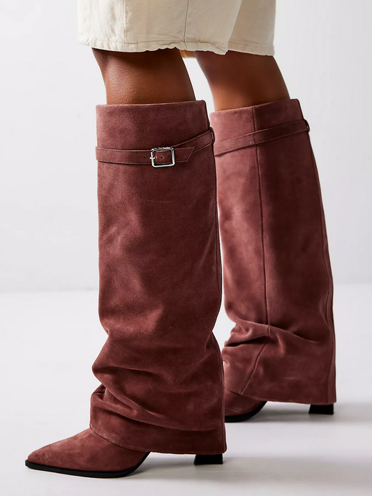 Faux Suede Pointed-Toe Buckle Fold-Over Mid Calf Boots - Mauve