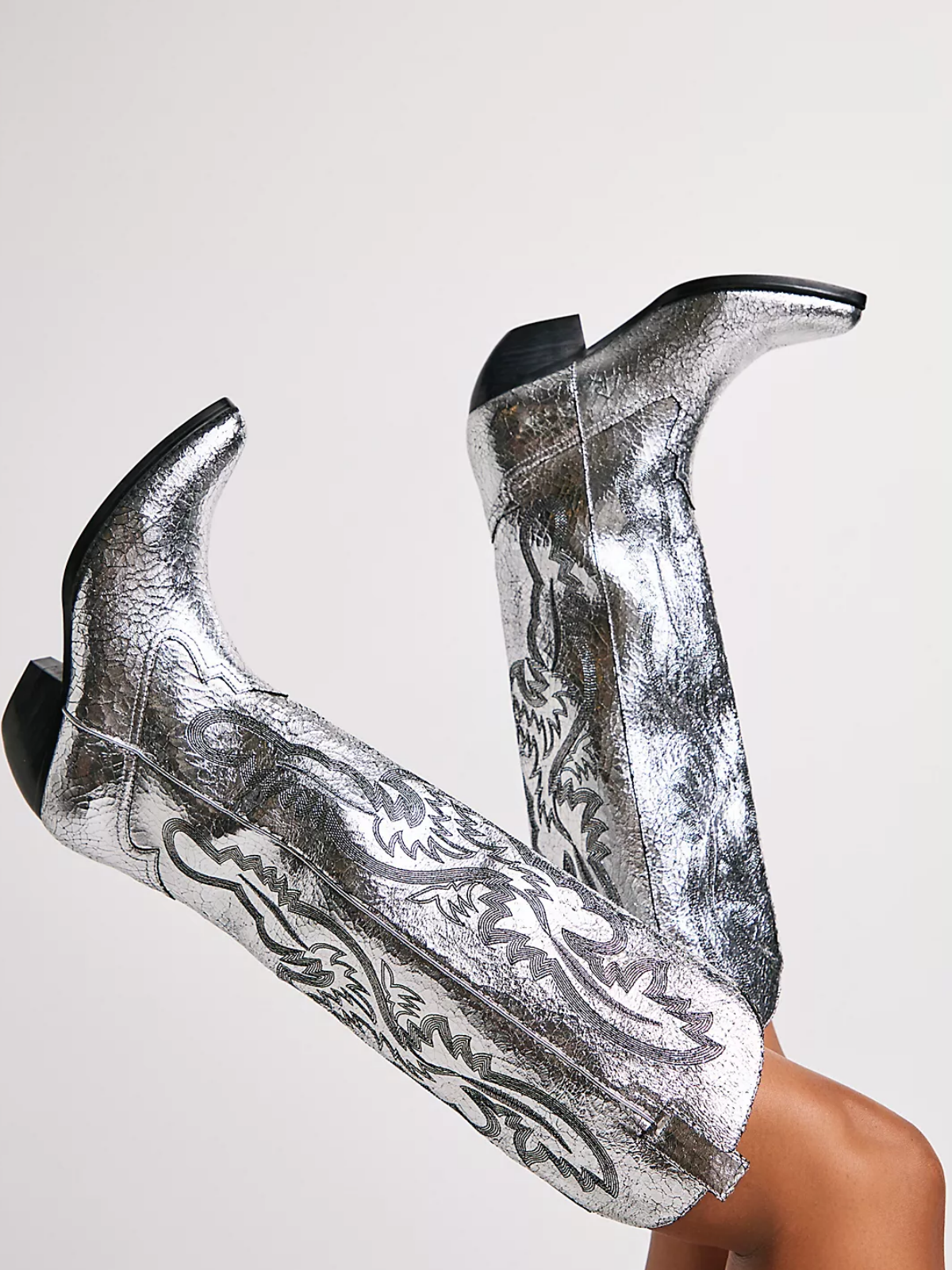 Metallic Silver Crinkle Embroidery Pointed-Toe Tall Wide Mid Calf Western Boots For Women