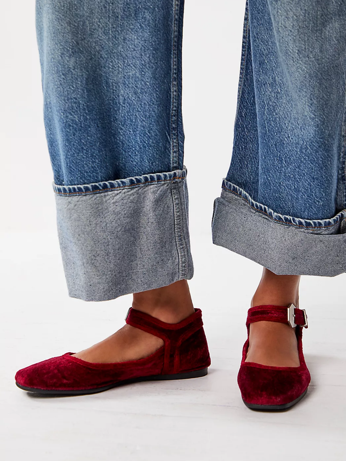 Dark Red Velvet Square-Toe Ankle Strap Mary Janes Flats