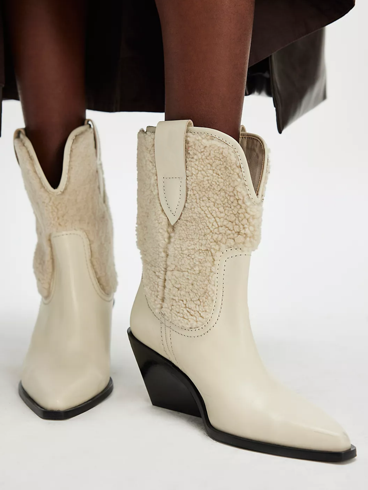 Bone Contrast Vegan Leather And Fluffy Wide Mid Calf Cowgirl Boots