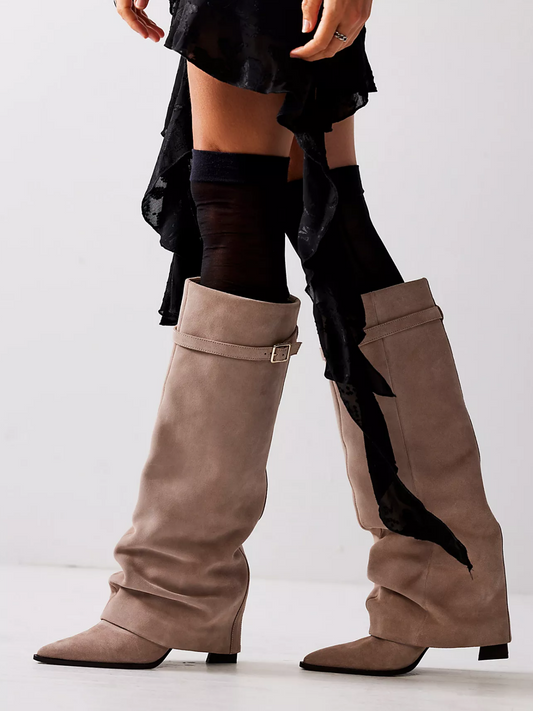 Faux Suede Pointed-Toe Buckle Fold-Over Mid Calf Boots - Frappe