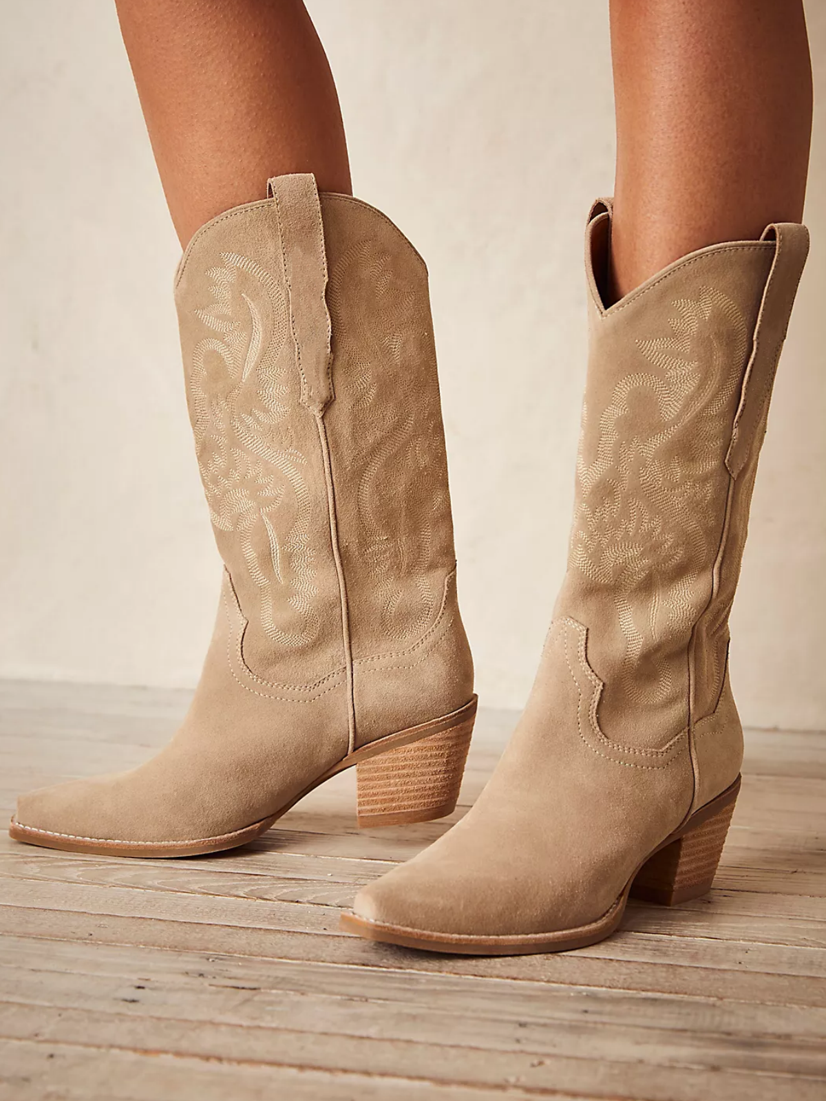 Sand Faux Suede Snip-Toe Western Embroidery Wide Mid Calf Tall Cowgirl Boots