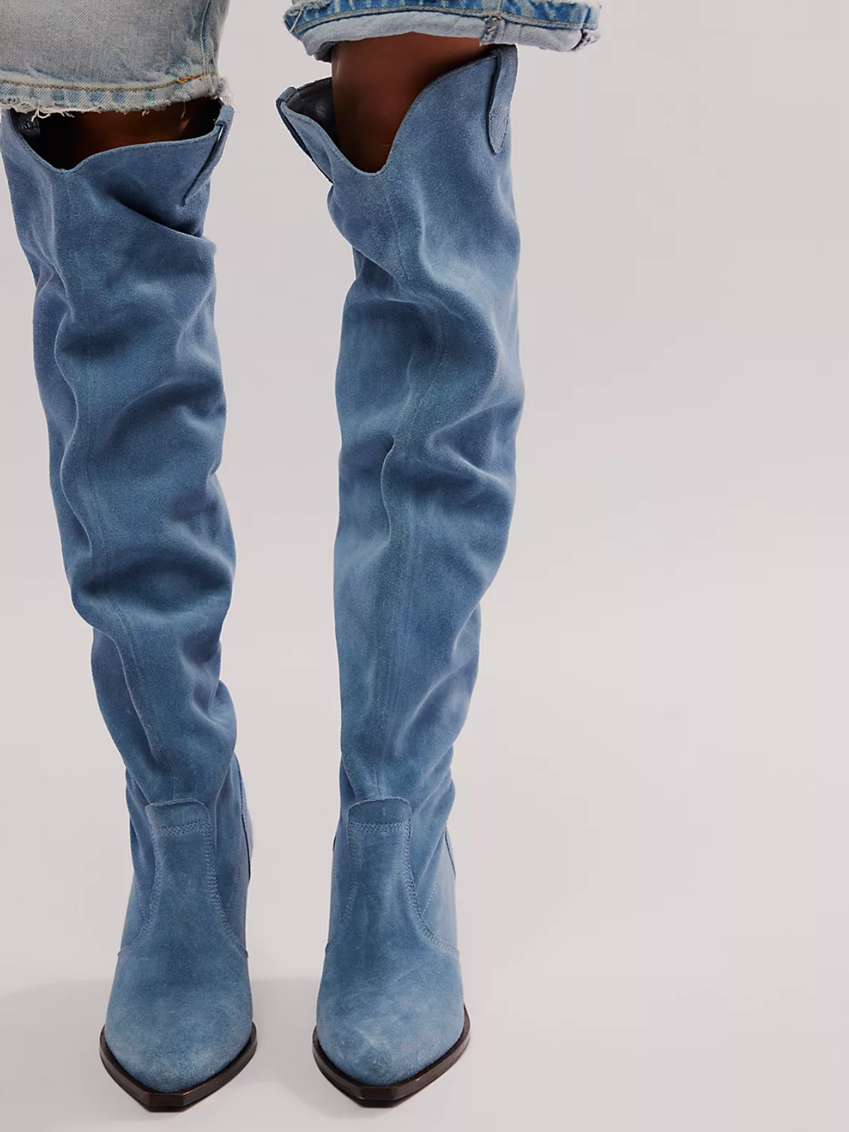 Blue Faux Suede Pointed-Toe Slouchy Wide Calf Tall Knee High Western Boots