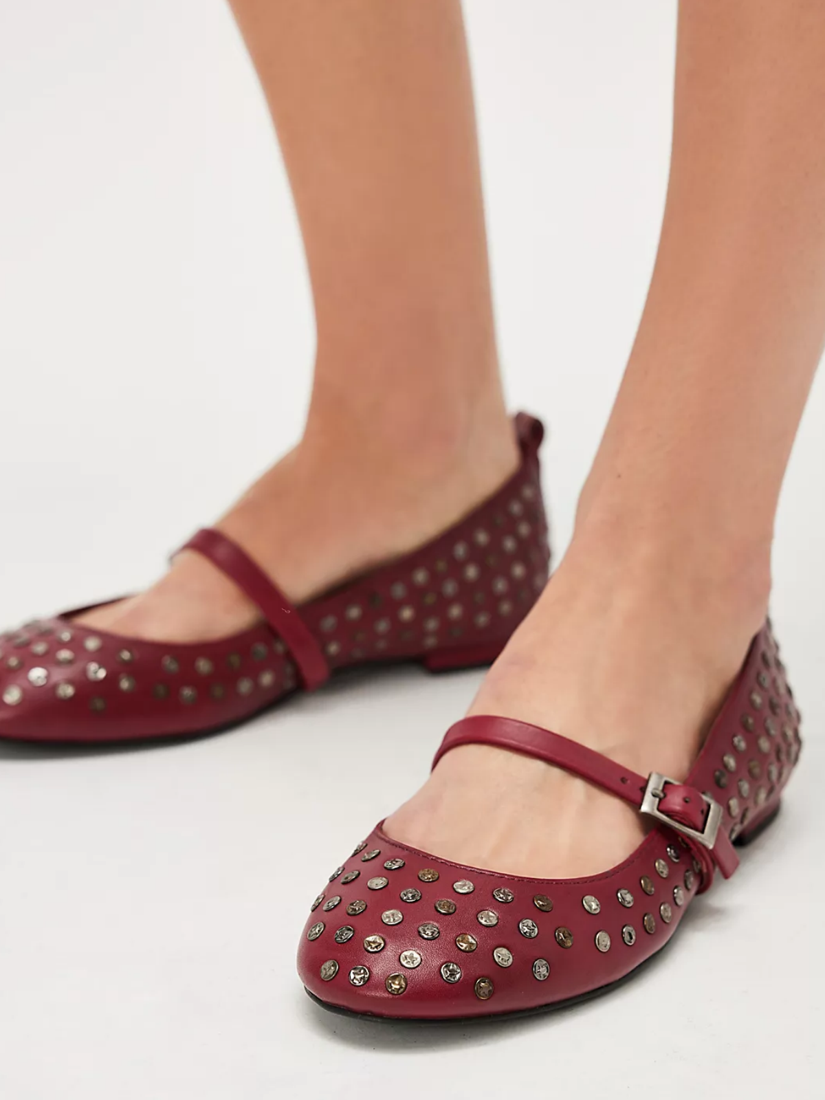 Wine Red Round-Toe Studded Mary Janes Ballet Flats