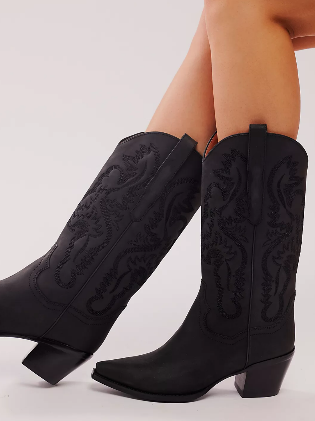 Black Snip-Toe Western Embroidery Wide Mid Calf Tall Cowgirl Boots