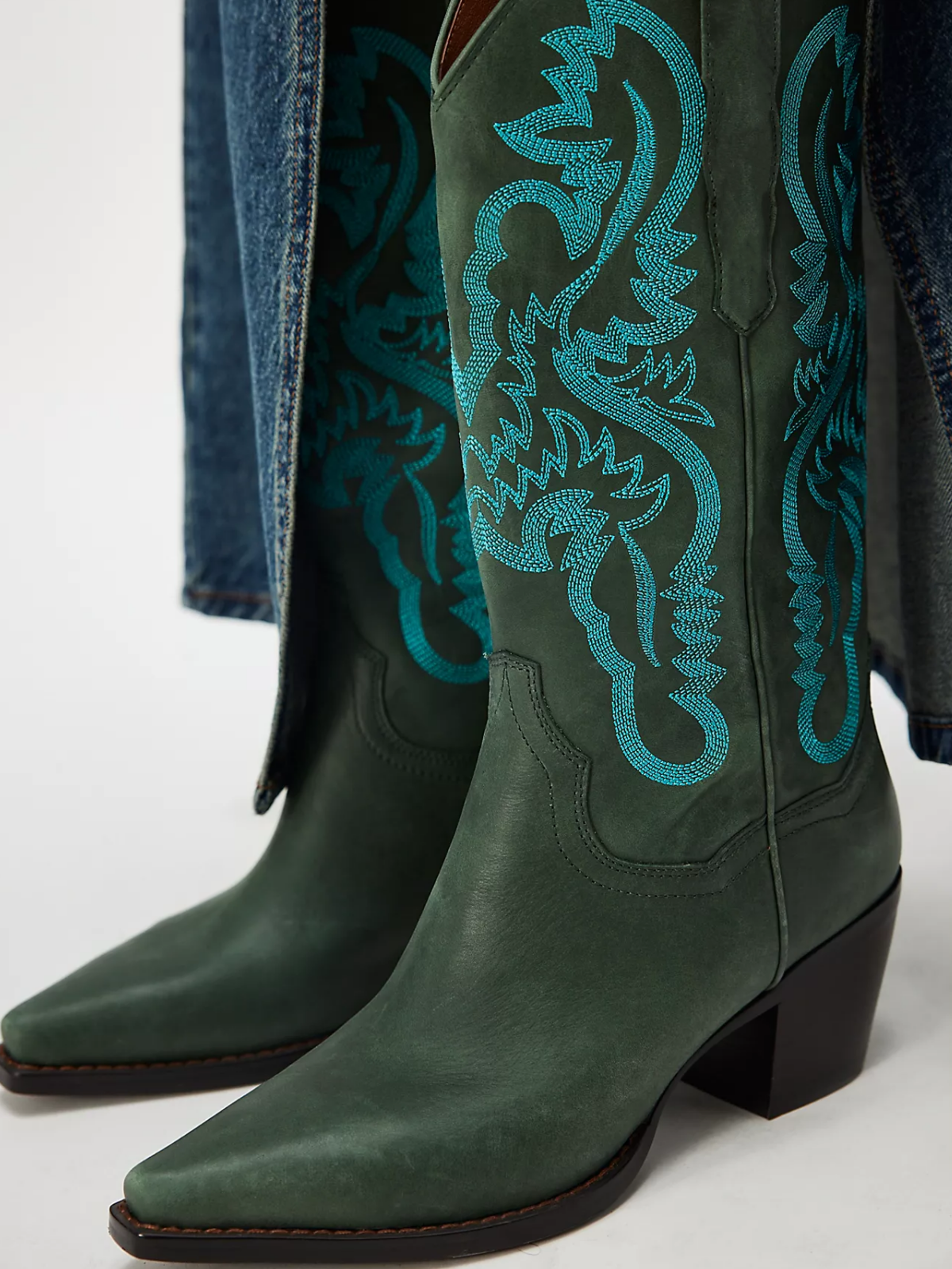 Dark Green Snip-Toe Turquoise Embroidery Wide Mid Calf Tall Cowgirl Boots