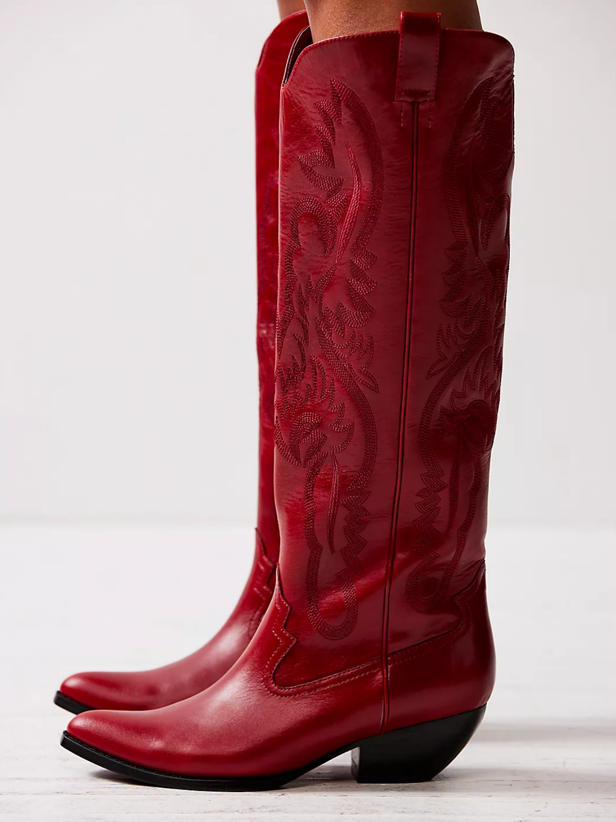 Red Embroidery Pointed-Toe Tall Wide Mid Calf Western Boots For Women