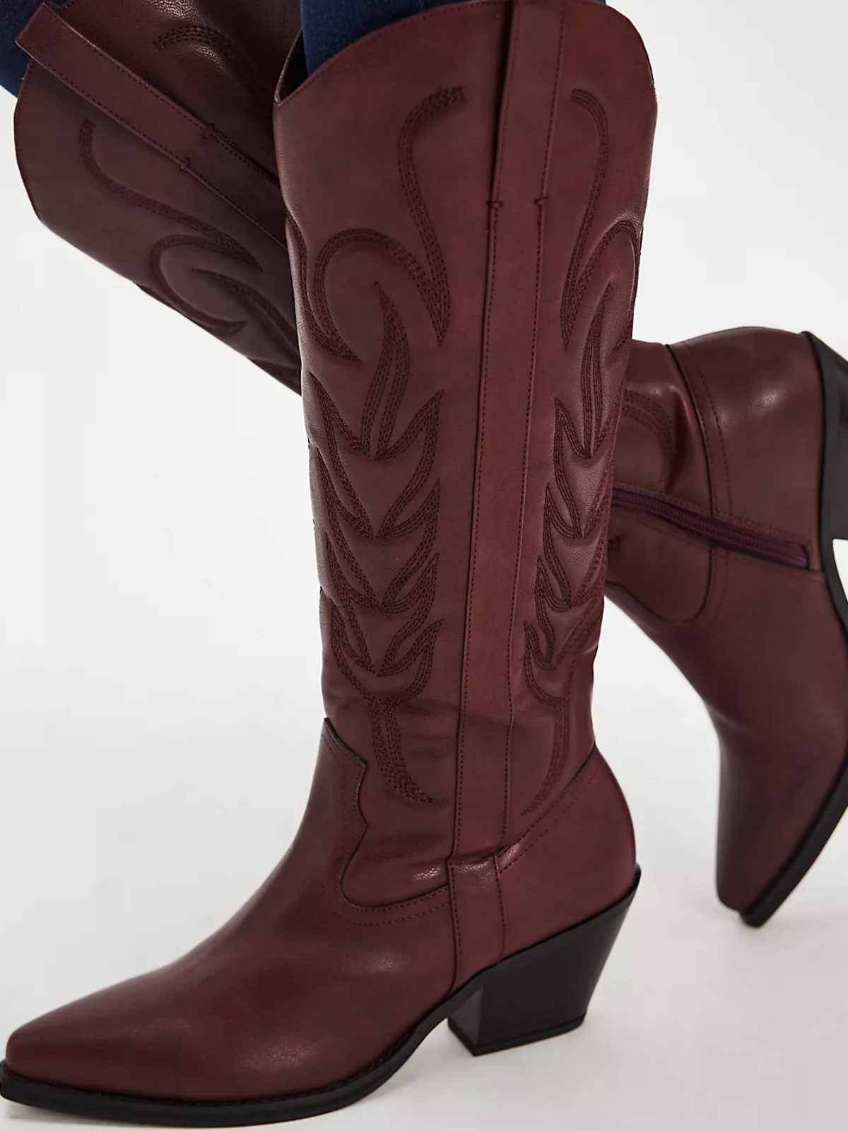 Snip-Toe Half-Zip Embroidery Mid Calf Cowgirl Boots - Chocolate