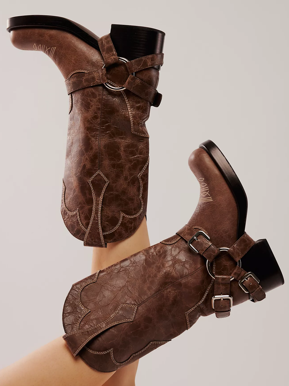 Distressed Brown Square-Toe Embroidery Chunky Harness And Buckle Wide Mid Calf Boots