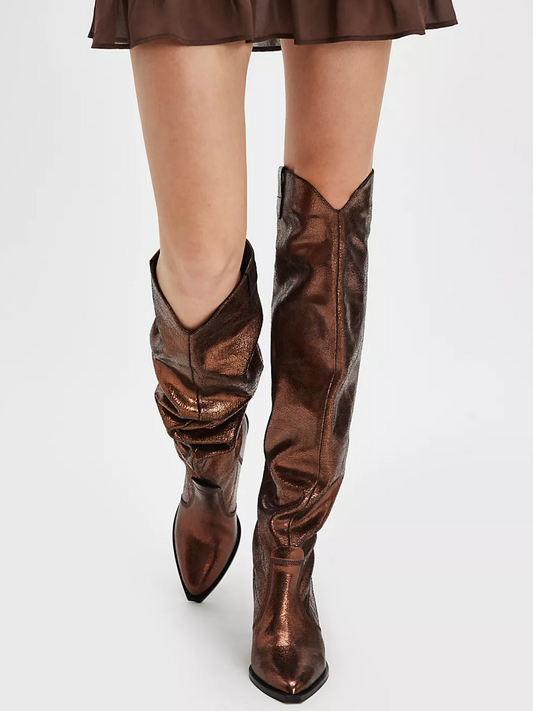 Metallic Bronze Pointed-Toe Slouchy Wide Calf Tall Knee High Western Boots