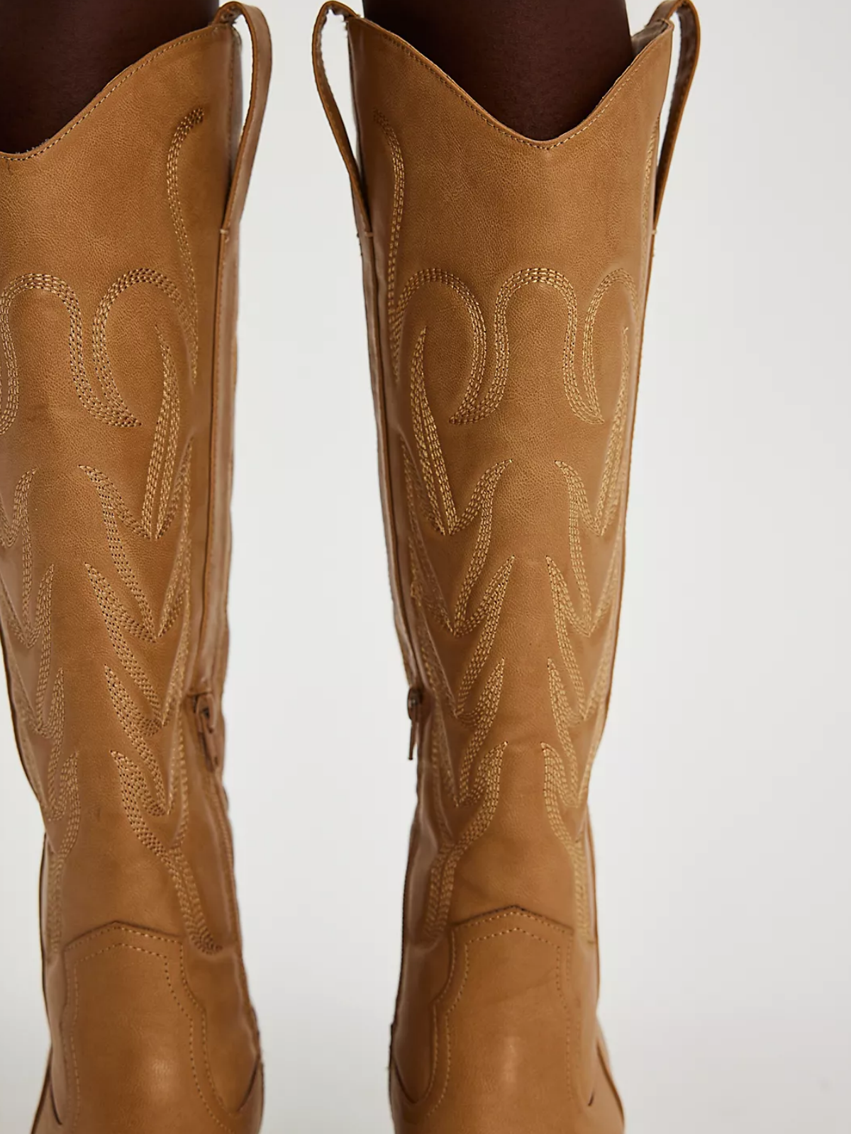 Snip-Toe Half-Zip Embroidery Mid Calf Cowgirl Boots - Light Brown