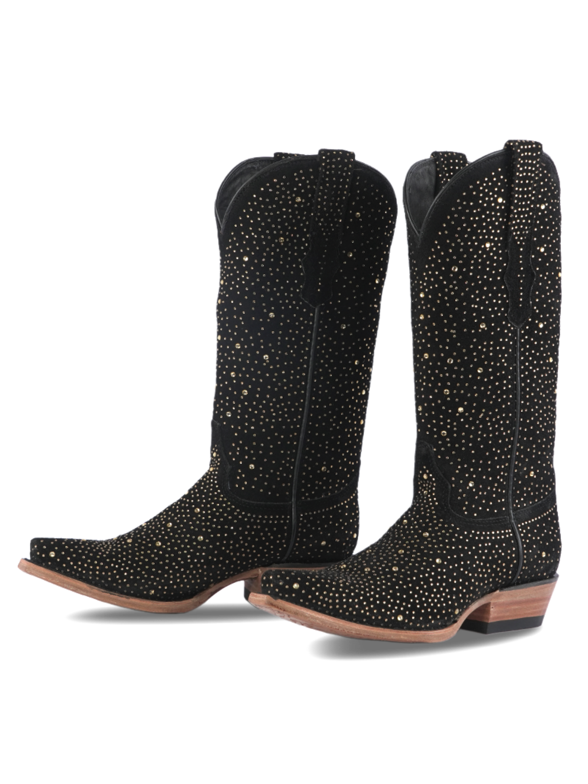 Black Faux Suede Snip-Toe Rhinestone Wide Mid Calf Tall Cowgirl Boots