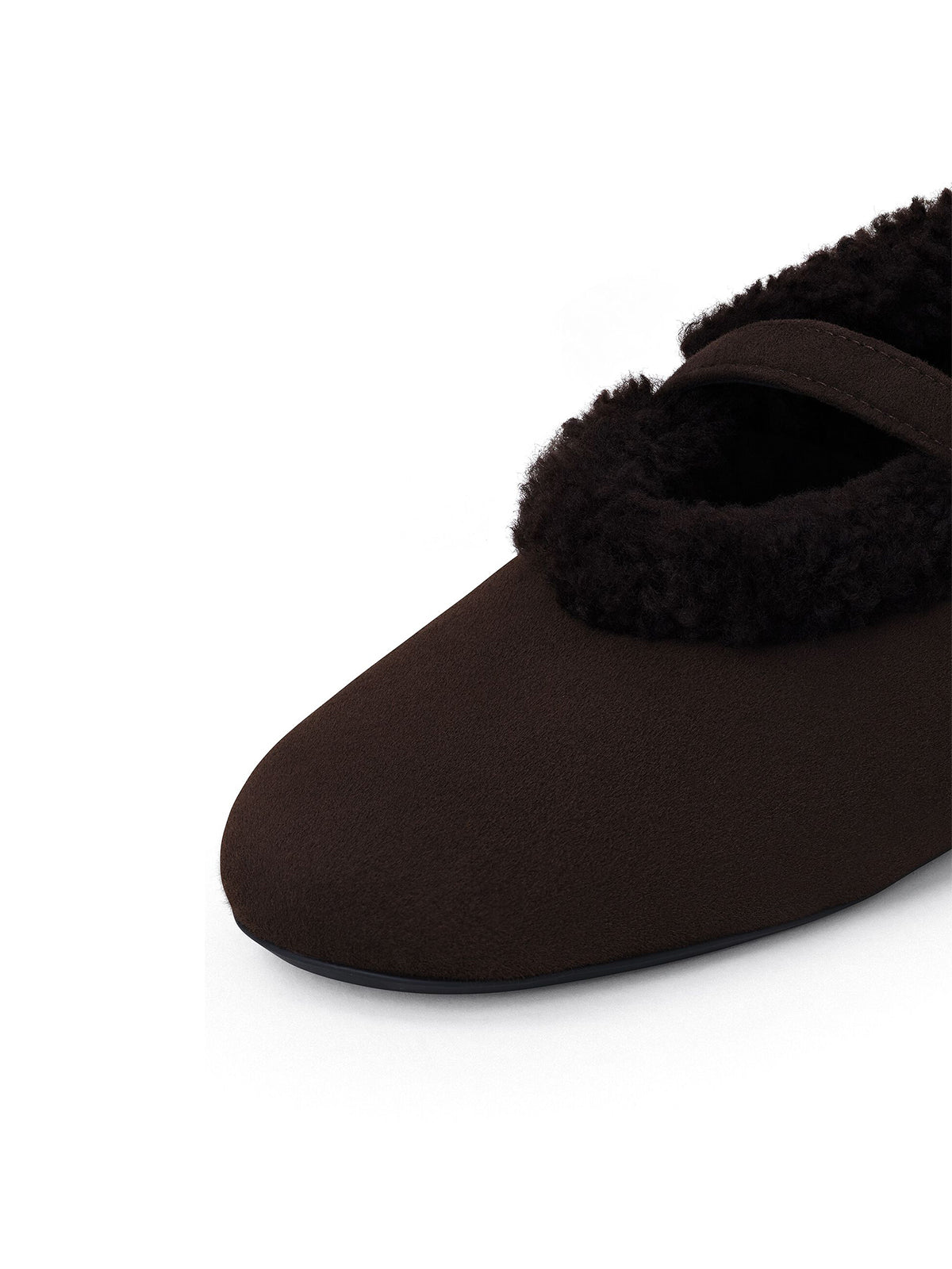 Dark Brown Faux Suede Round-Toe Mary Jane Ballet Flats With Plush