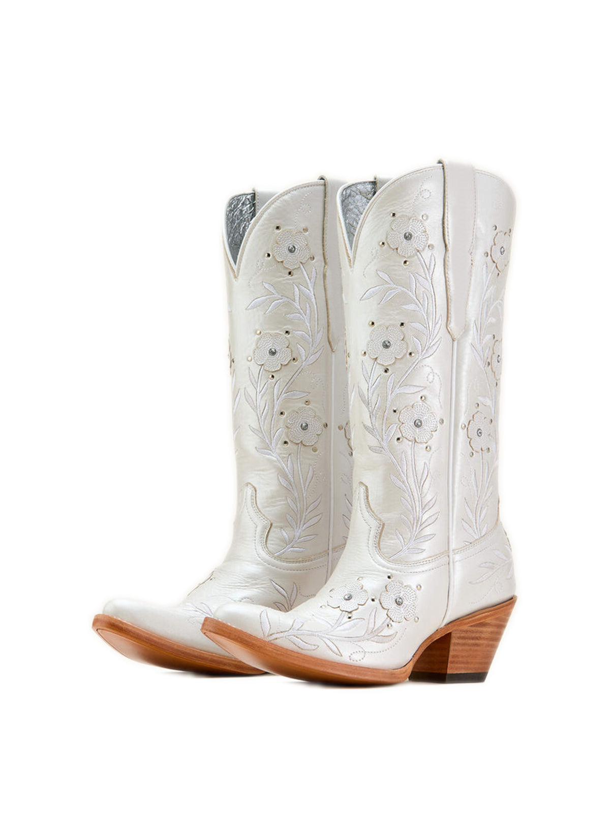 Ivory Almond-Toe Flower Applique With Studs Mid Calf Embroidery Cowgirl Boots