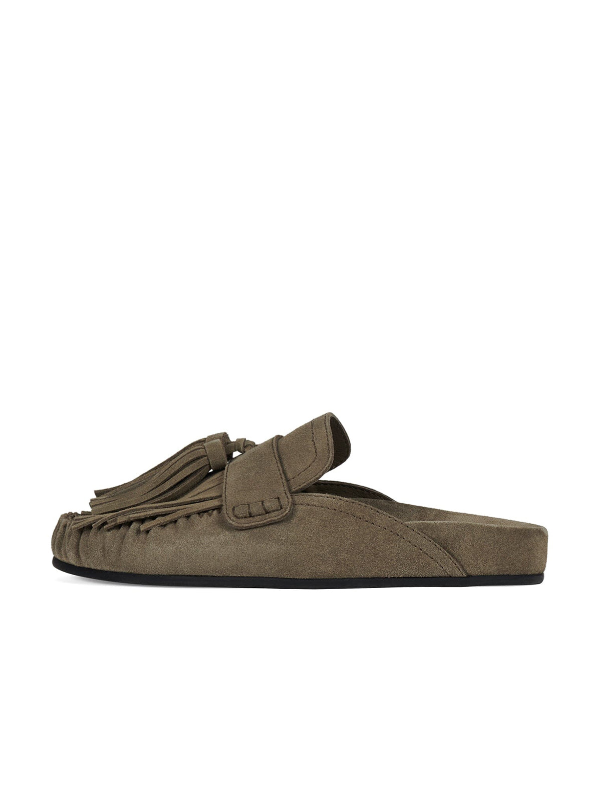 Light Khaki Faux Suede Round-Toe Front Fringe Backless Slip-On Flats